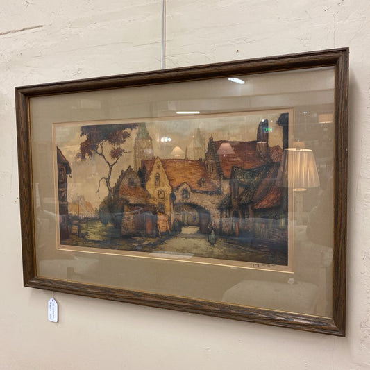 Signed Vintage Belgian "Sleepy Village" Lithograph