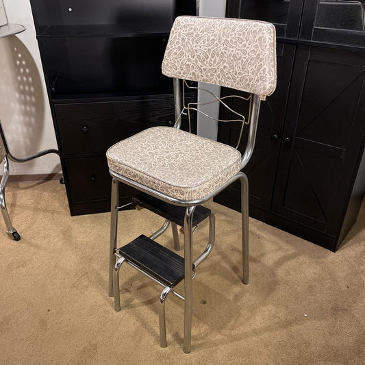 Vintage Kitchen Chair/Step Stool with Paisley Naugahyde Upholstery C STOOLS