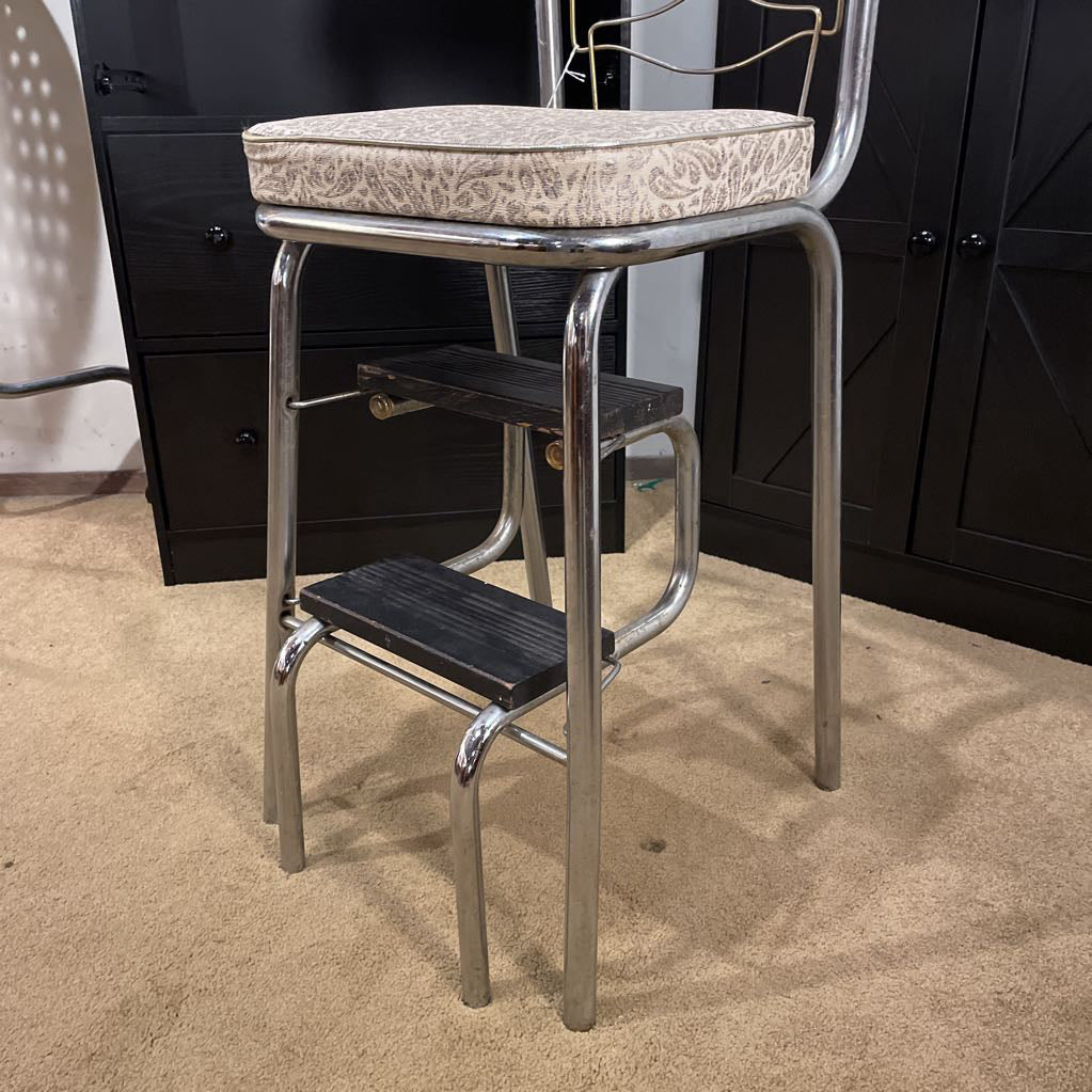 Vintage Kitchen Chair/Step Stool with Paisley Naugahyde Upholstery C STOOLS