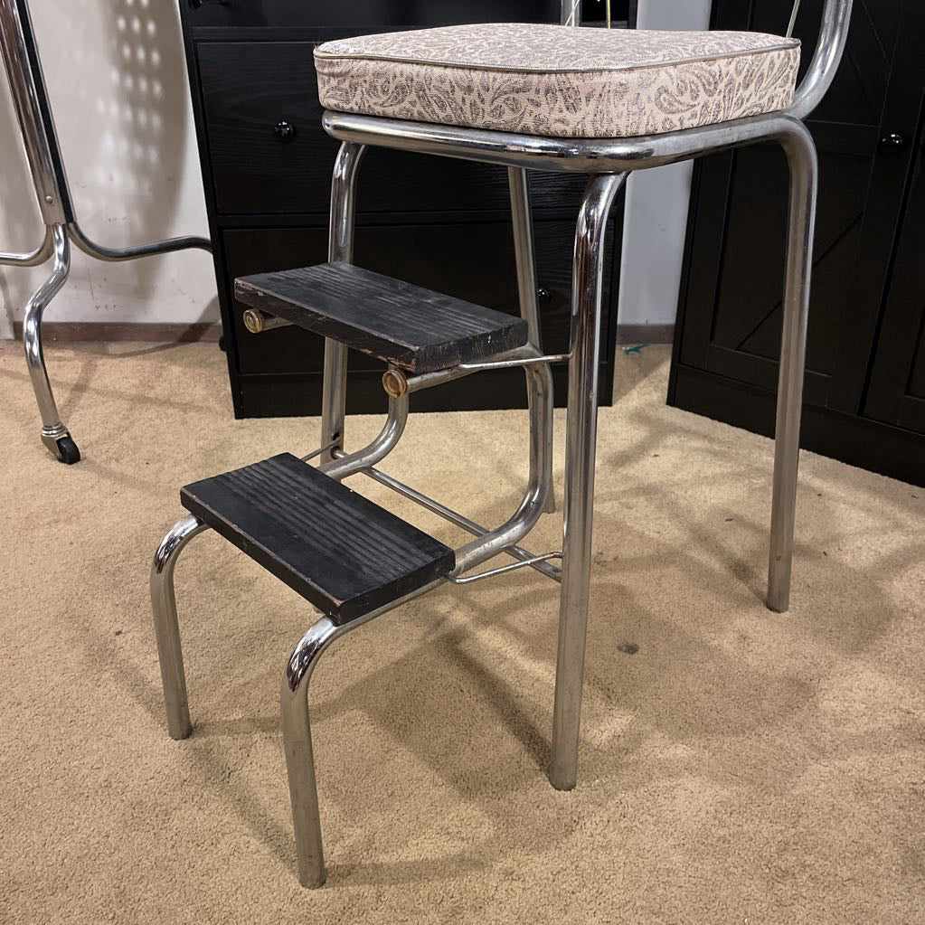 Vintage Kitchen Chair/Step Stool with Paisley Naugahyde Upholstery C STOOLS
