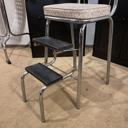 Vintage Kitchen Chair/Step Stool with Paisley Naugahyde Upholstery C STOOLS
