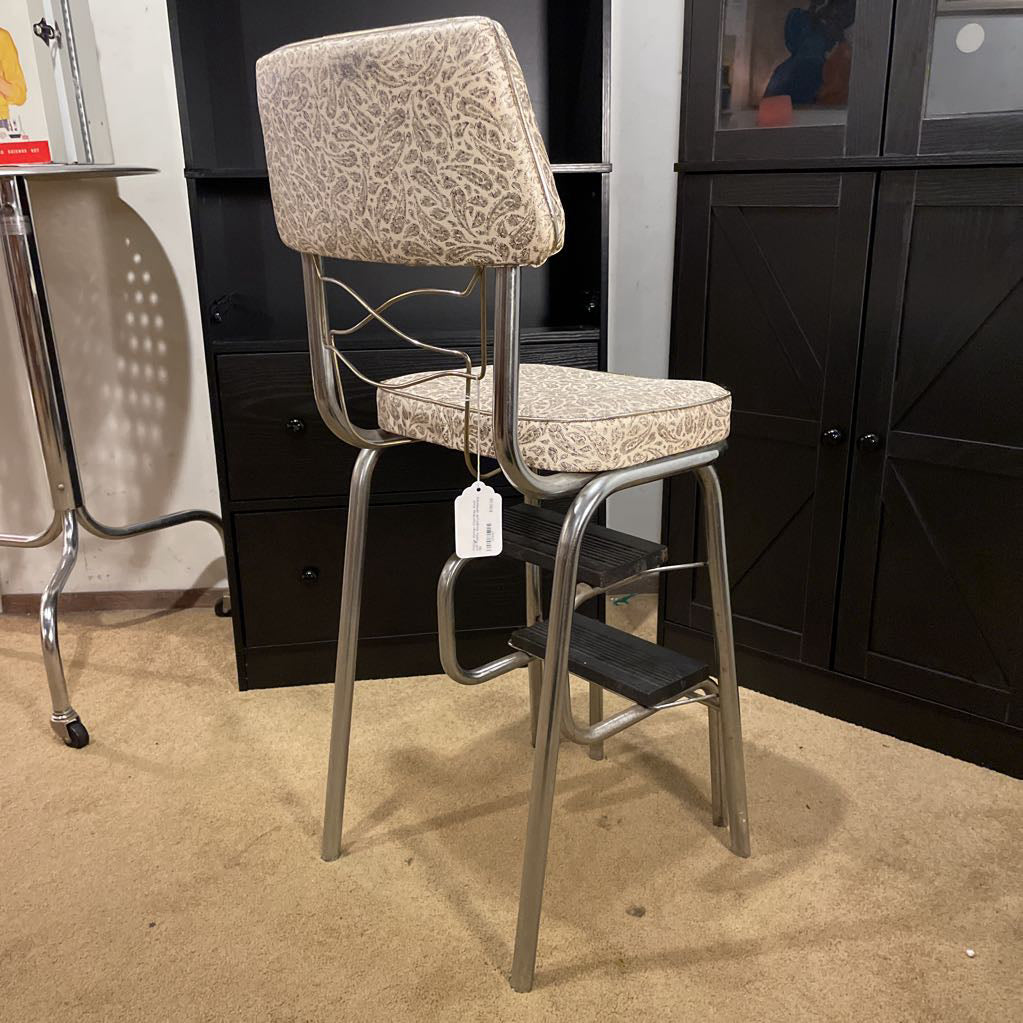 Vintage Kitchen Chair/Step Stool with Paisley Naugahyde Upholstery C STOOLS
