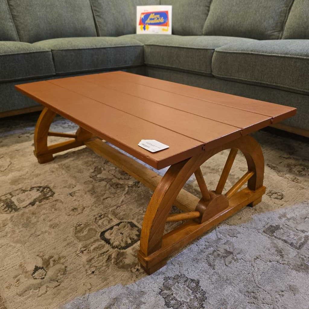 Low Coffee Table with Wagon Wheels on Ends
