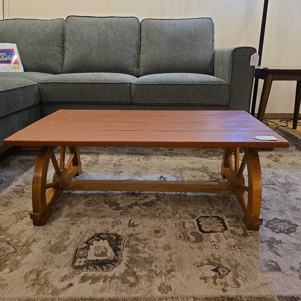 Low Coffee Table with Wagon Wheels on Ends