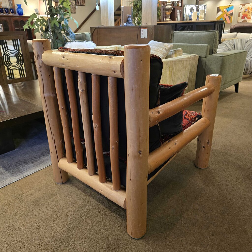 Wooden log-style chair in a furniture store setting