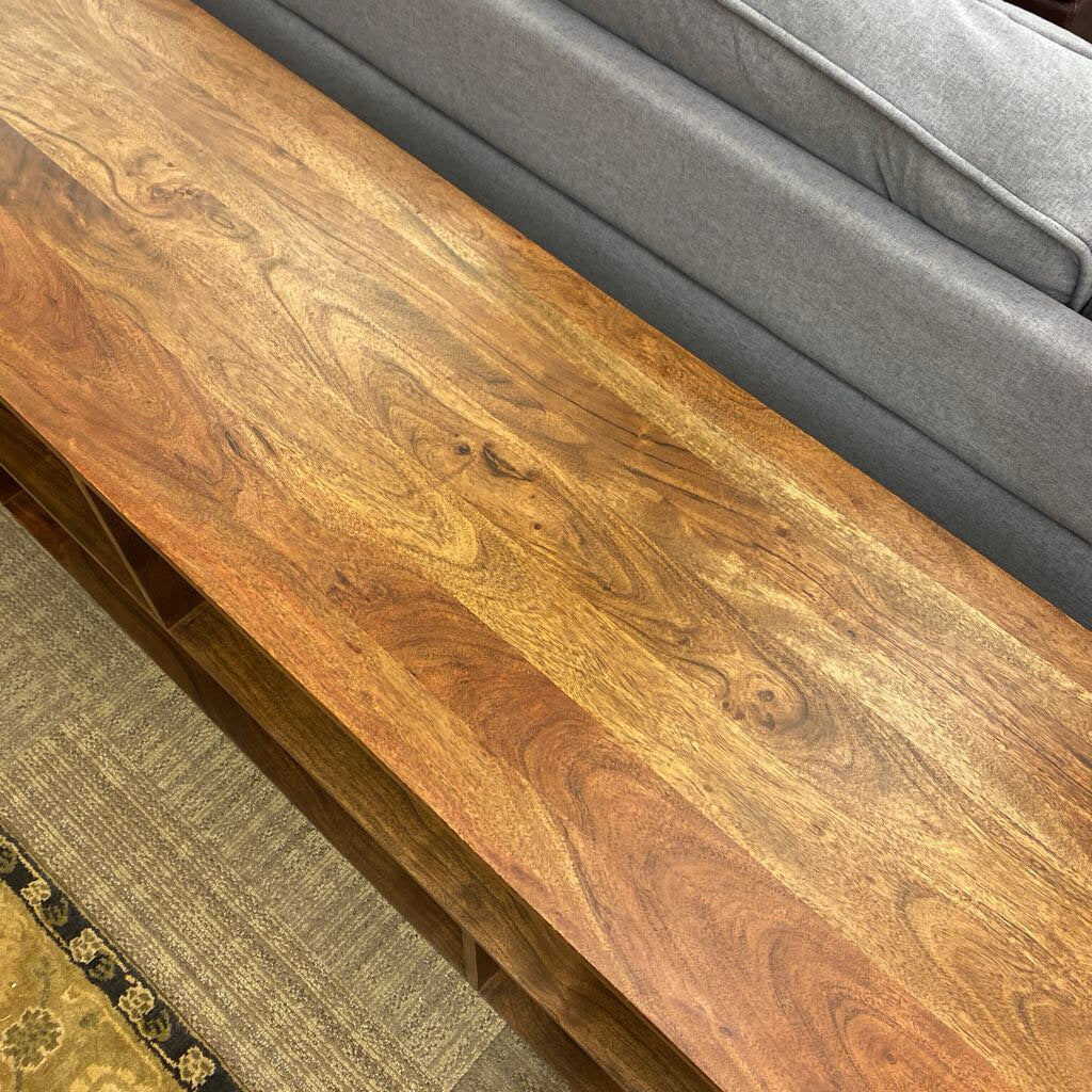 walnut wood tv stand with shelves