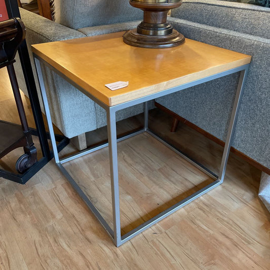 Light Wood & Metal Cube End Table