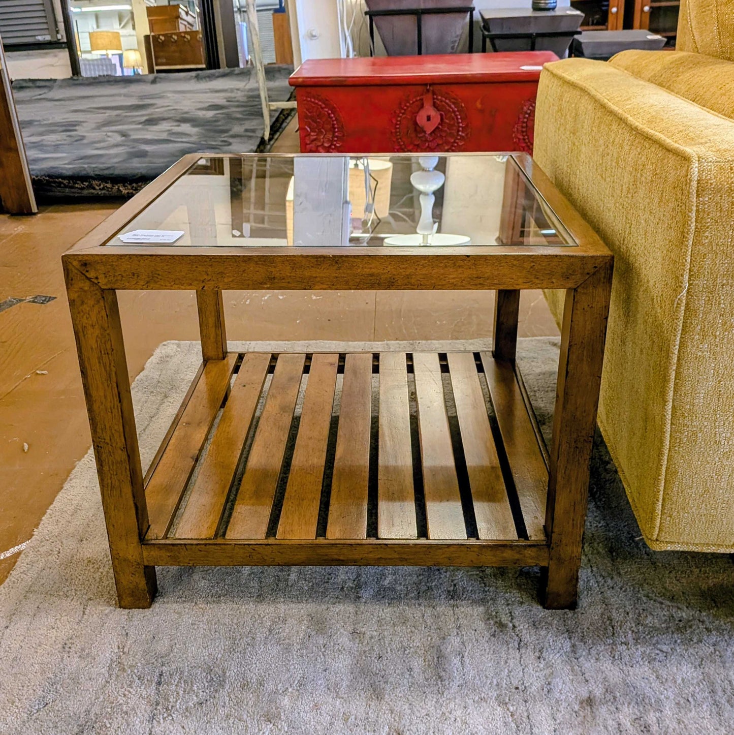 Glass Top Ethan Allen Bunching Table w/ Slatted Shelf