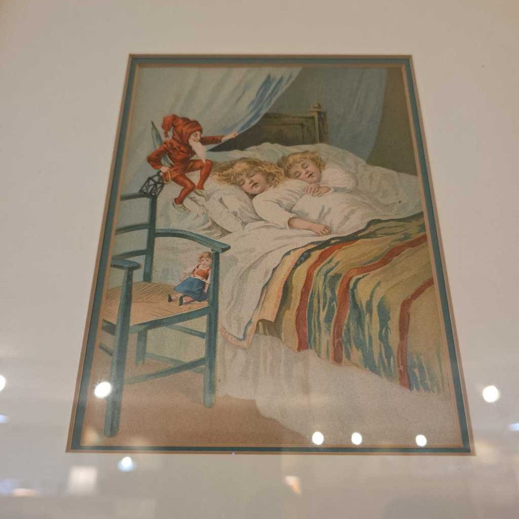 Sandman in Red Outfit Visiting Little Kids in Bed ART