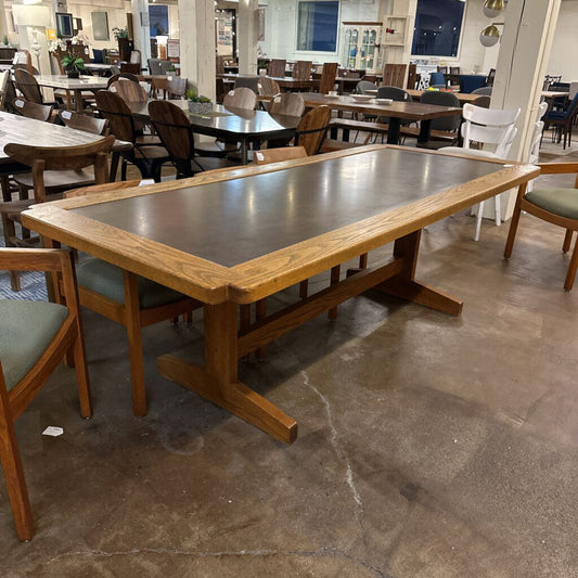 Solid Oak Recessed Faux Leather Top Dining Table