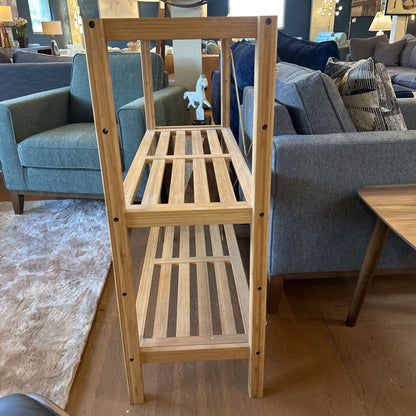 Wooden shelf in a room with furniture and decor