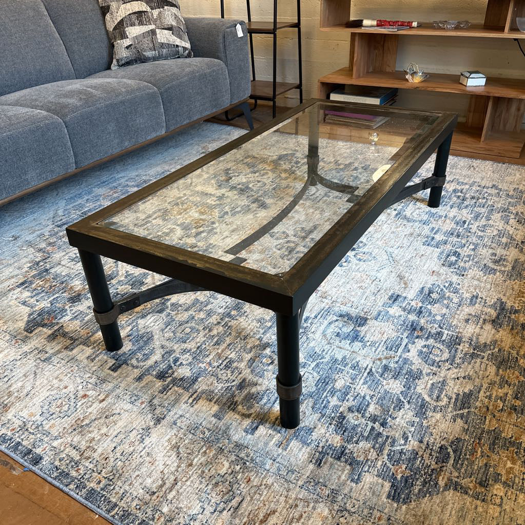 Glass Top Industrial Metal Base Coffee Table C COFFEE TABLES