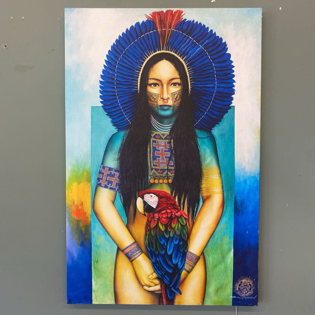 Artistic depiction of a person with a headdress and parrot, set against a colorful background.