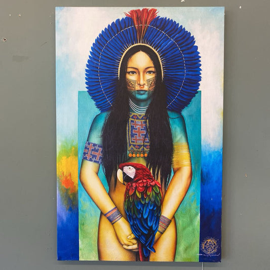 Artistic depiction of a person with a headdress and parrot, set against a colorful background.