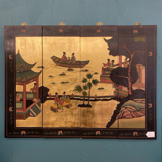 Asian Style Lacquered 4Panel Screen Art