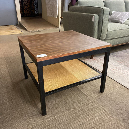 Square Black Frame Coffee Table w/Rattan Shelf