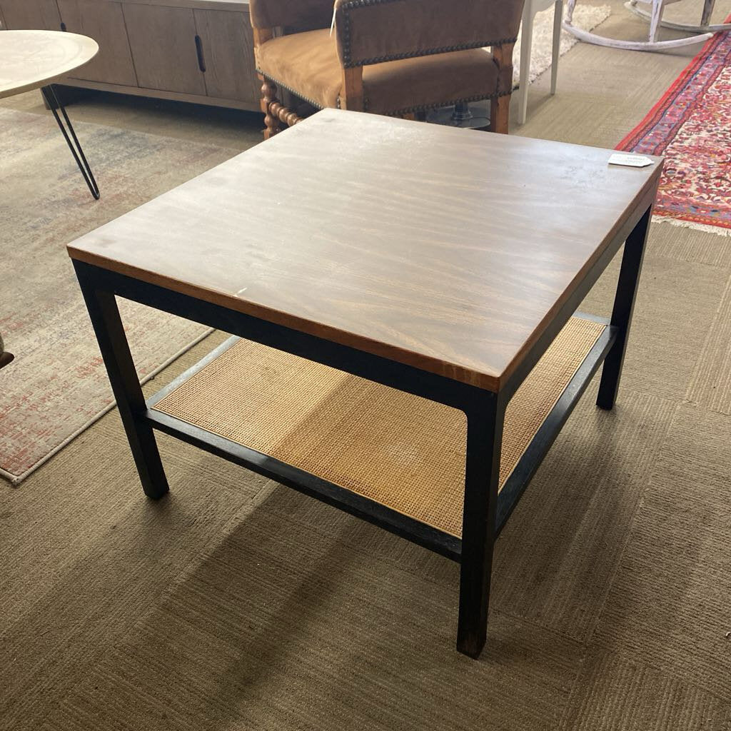 Square Black Frame Coffee Table w/Rattan Shelf