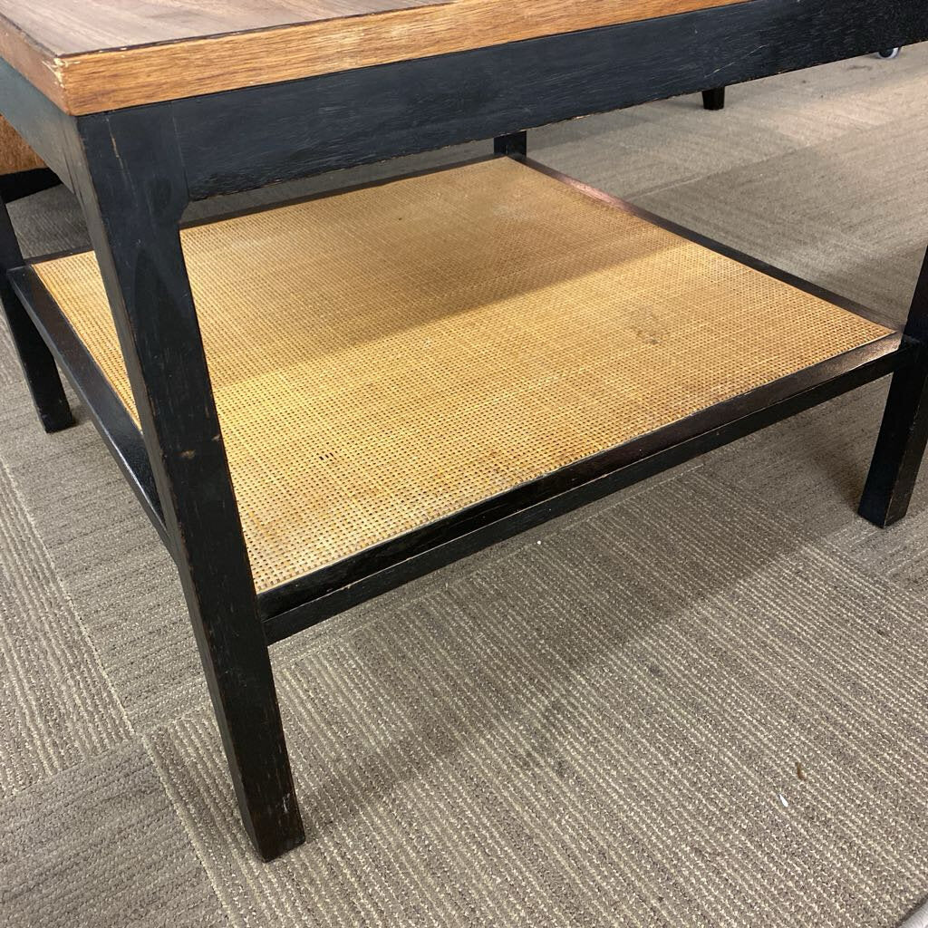 Square Black Frame Coffee Table w/Rattan Shelf
