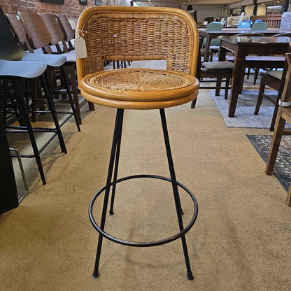 Rotating Wicker Seat Barstool w/ Metal Legs & Seat Cushion