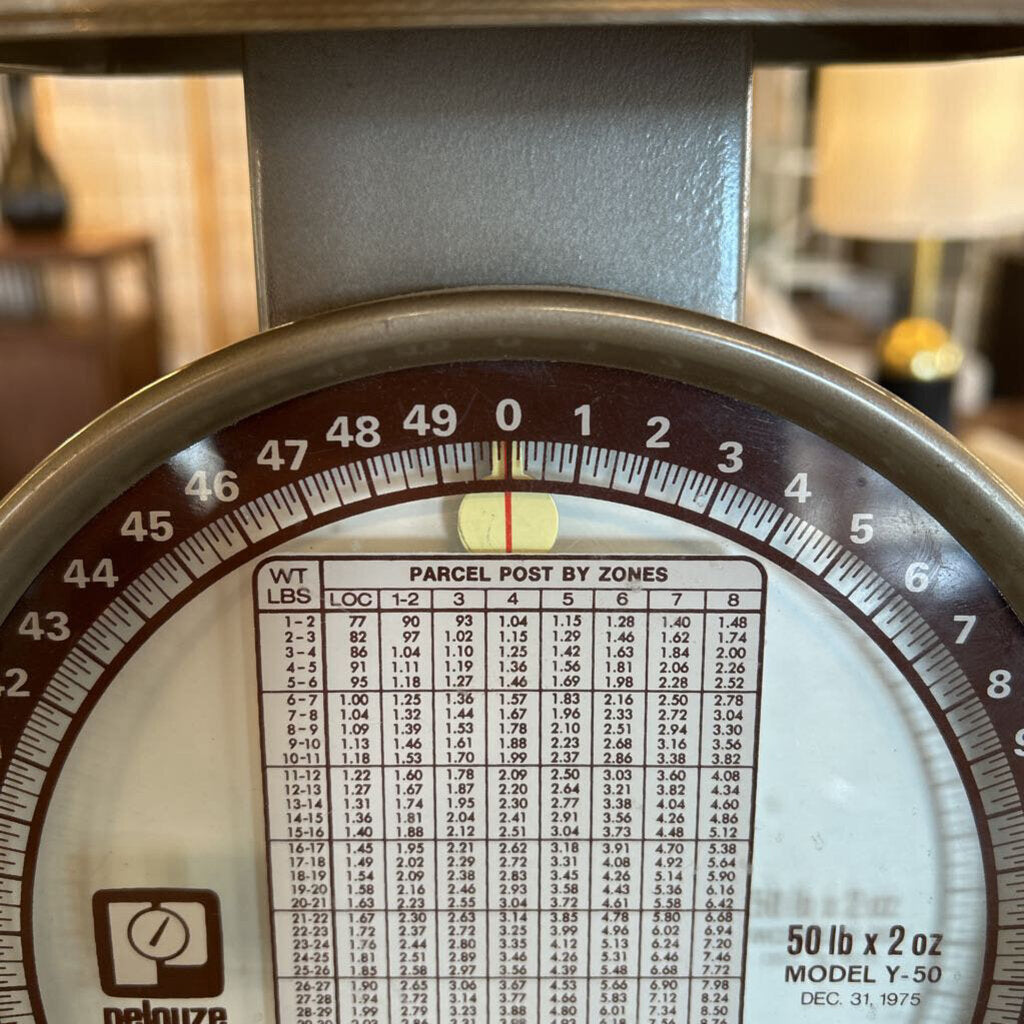 Close-up of a postal scale with weight measurement markings