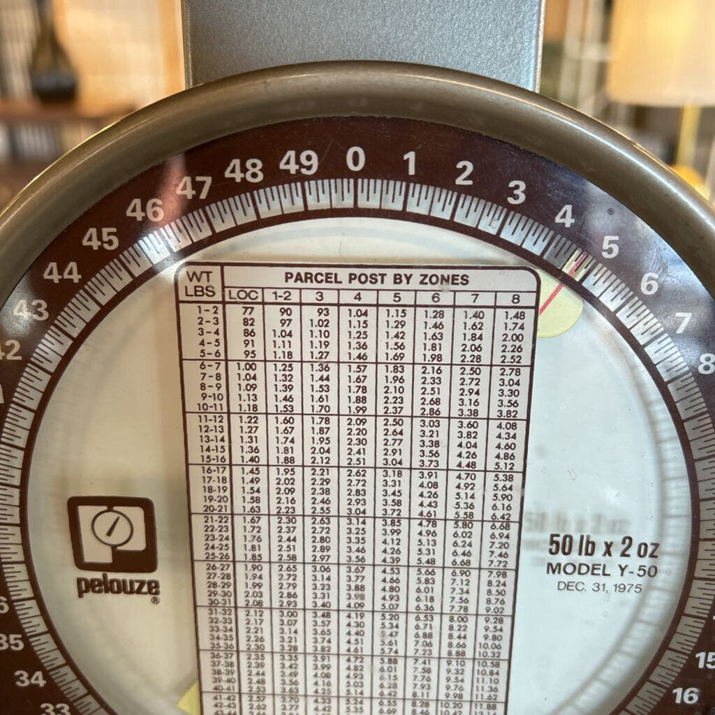 Close-up of a postal scale with weight measurement details