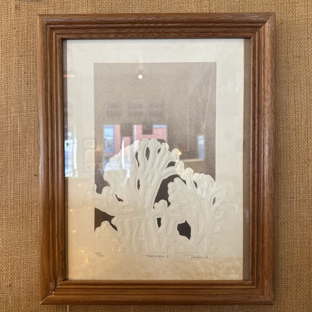 Framed artwork of a white lace-like design on a textured beige background