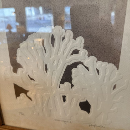 Framed artwork of a white coral-like pattern on a textured wall.