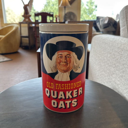 Quaker Oats canister on a table in a living room