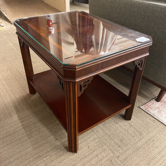 LANE Chippendale Side Table w/Glass & Shelf