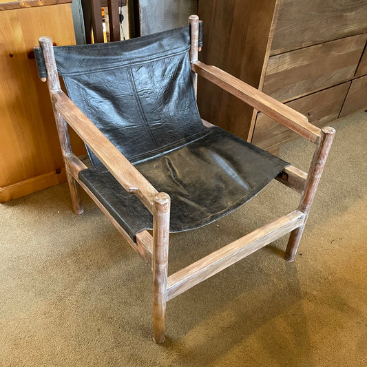 Wood + Black Leather Sling Chair