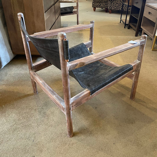 Wood + Black Leather Sling Chair