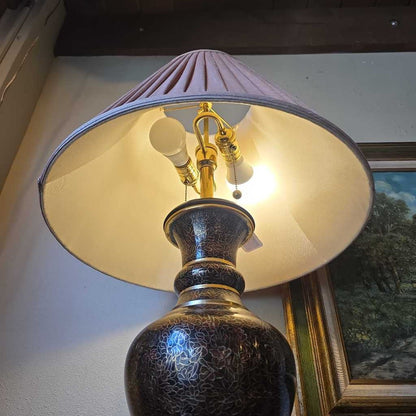 Chinese Black & Gold Gilt Cloisonne Vase Table Lamp w Pleated Vase LAMPS