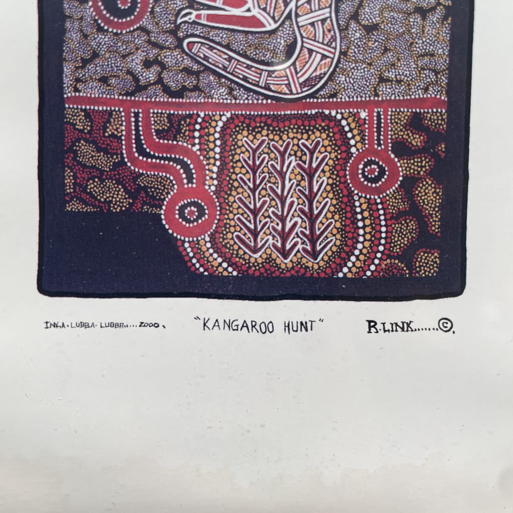 Decorative fabric with kangaroo design and text on a white background