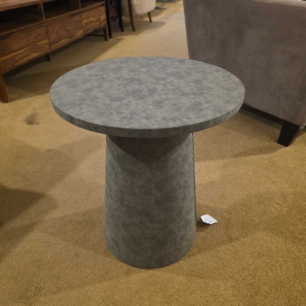 Grey Faux Leather Stiched Round Side Table C SIDE TABLES