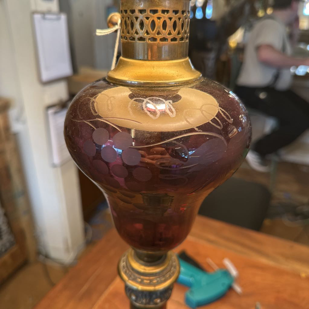 Vintage Brass and Purple Etched Glass Table Lamp LAMPS