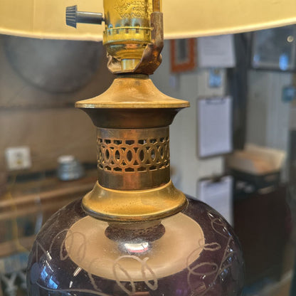 Vintage Brass and Purple Etched Glass Table Lamp LAMPS