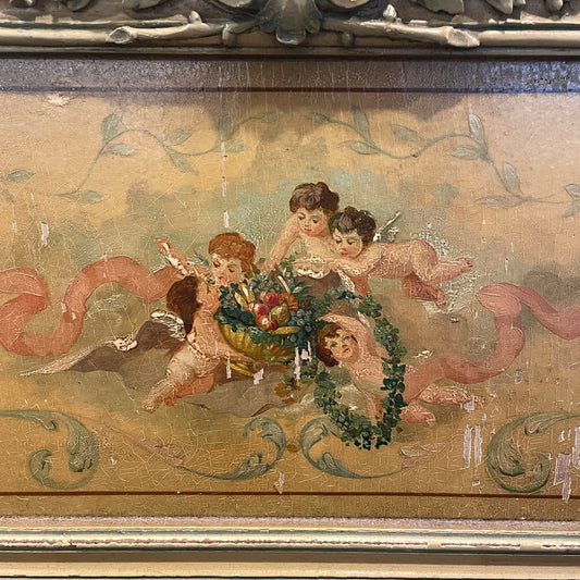 Decorative panel with cherubic figures and floral wreaths on a textured background