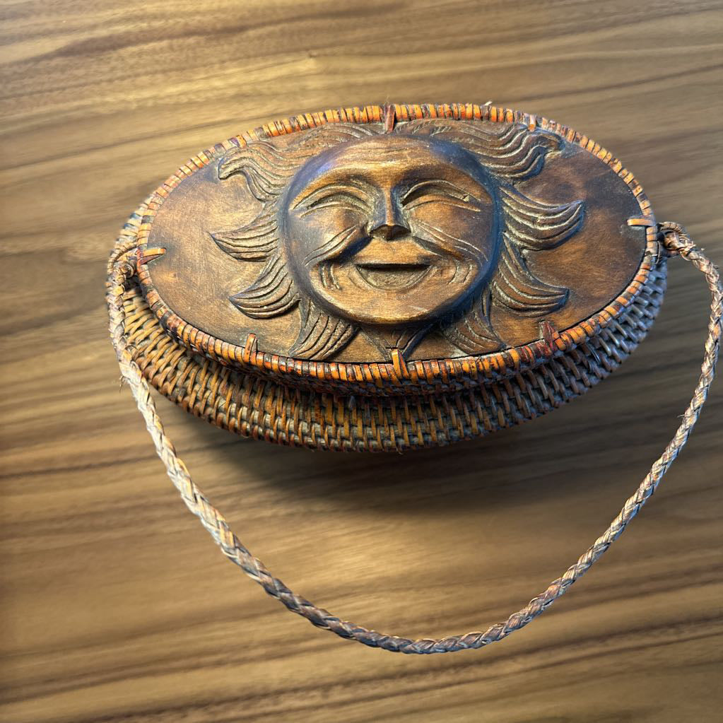 Hawaiian Sun Motif Wood and Weave Basket SMALLS