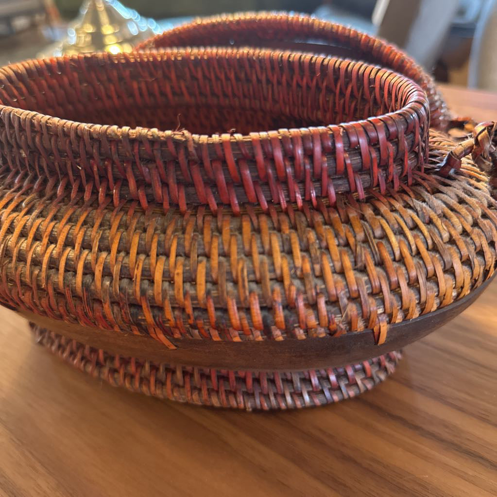 Hawaiian Sun Motif Wood and Weave Basket SMALLS
