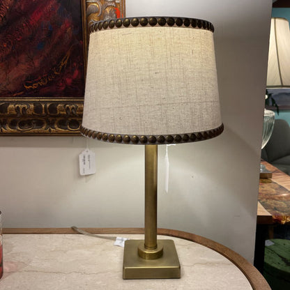 Gold w Gold Riveted Shade CandleStick Table Lamp