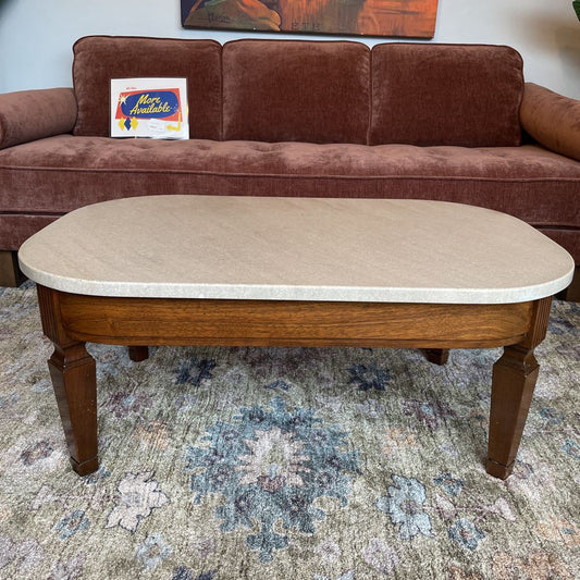 Small Rectangular Wood Base Marble Top Rounded Corner Coffee Table