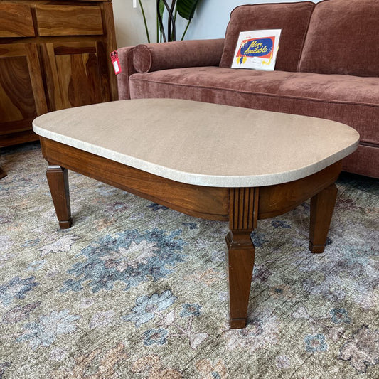 Small Rectangular Wood Base Marble Top Rounded Corner Coffee Table