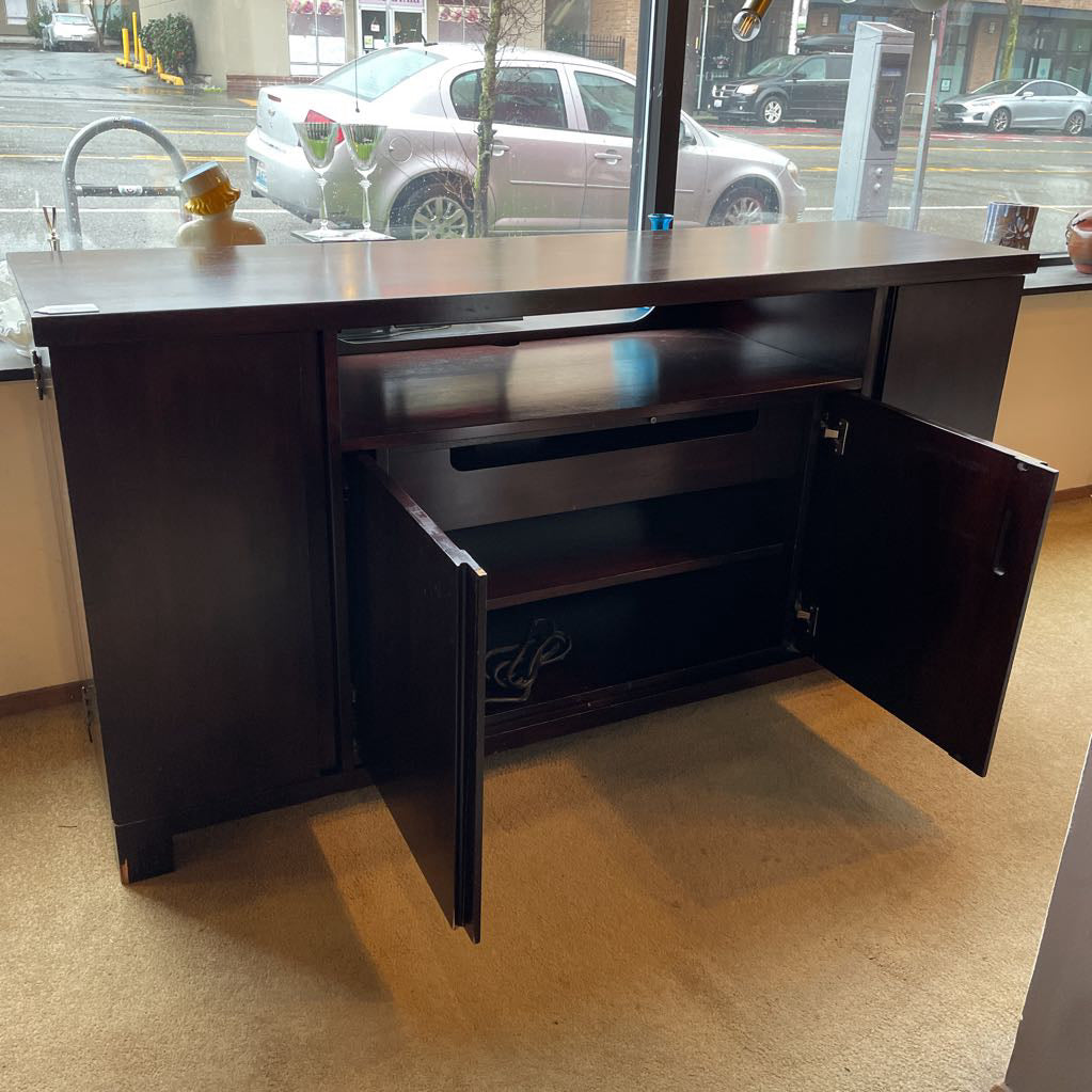 Dark Wood Media Unit w/ Wing Media Storage and Two Front Cabinet Doors C MEDIA STANDS