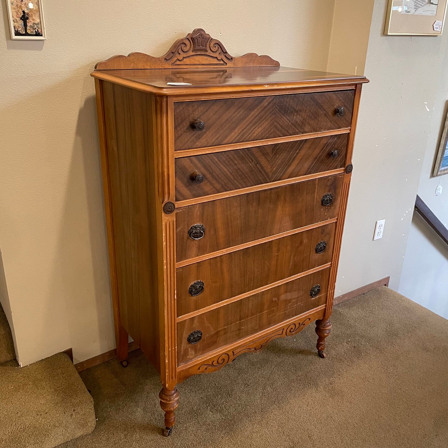 Vintage Art Deco Diamond 5 Drawer Chest