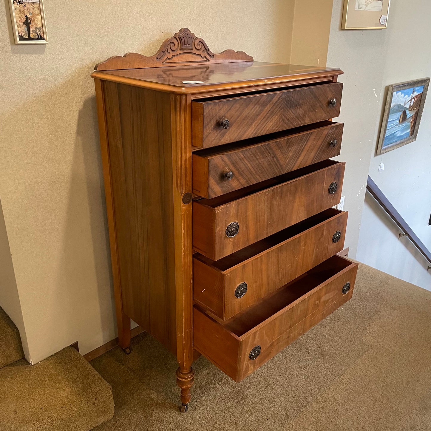 Vintage Art Deco Diamond 5 Drawer Chest