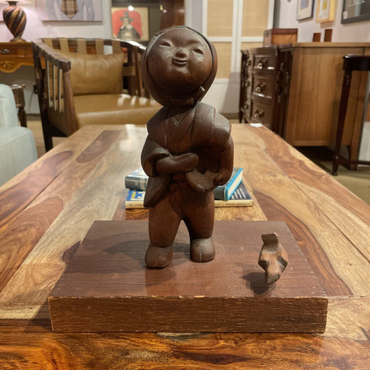 Carved Wood Figure with Bird on Block Mount