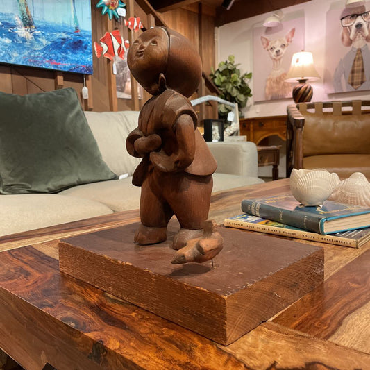Carved Wood Figure with Bird on Block Mount