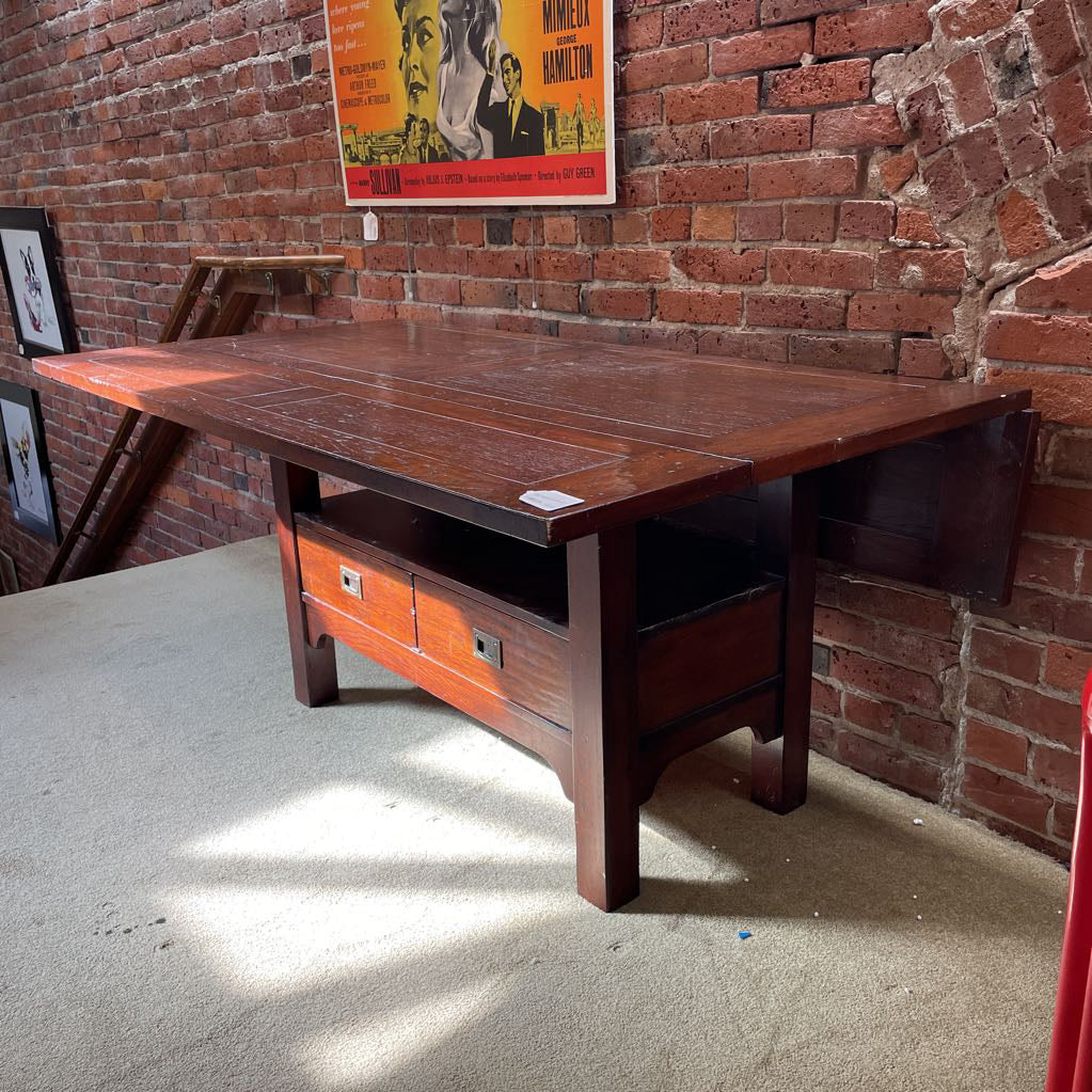 Dark Wood Textured Drop Leaf Dining Table