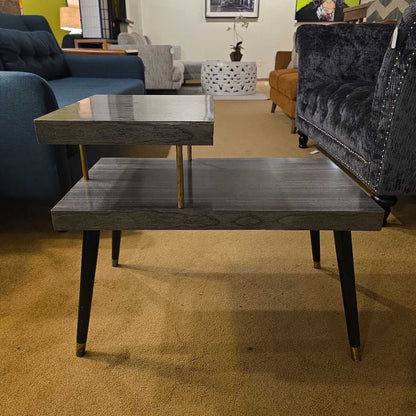 Living room with a wooden coffee table and gray sofa