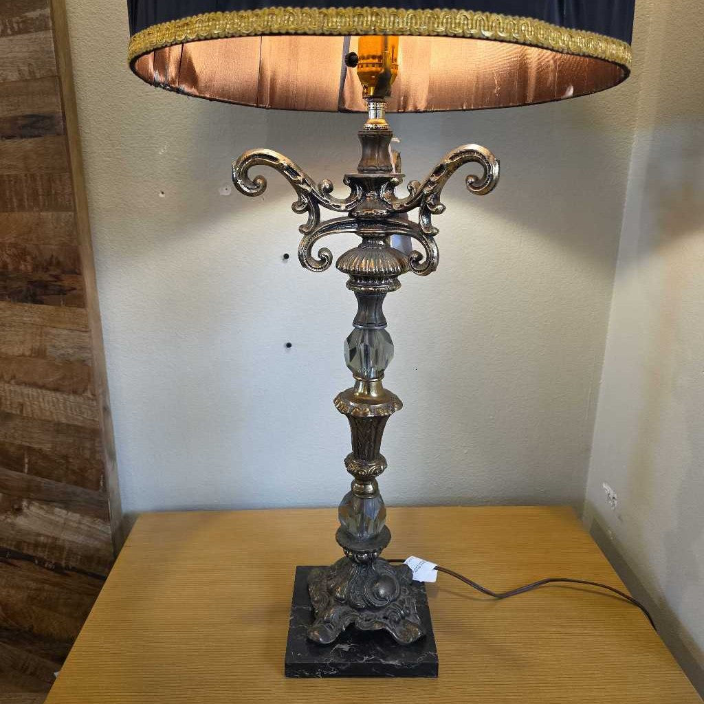 Fancy Baroque with Black Marble Base & Black Barrel Shade Lamp